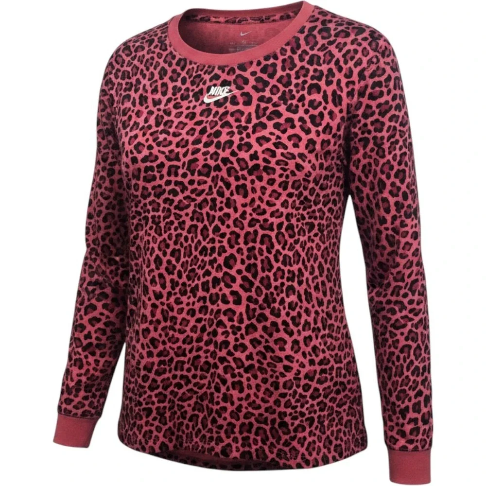 Nike Long Sleeve Shirt Womens XL Pink Red Leopard Print Cotton‎ DM2767-661